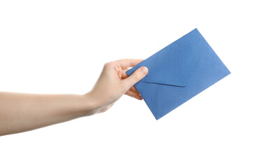 Woman holding blue paper envelope on white background, closeup