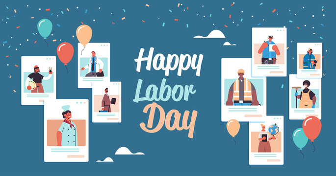 people of different occupations celebrating labor day mix race men women in web browser windows online communication self isolation concept portrait horizontal vector illustration