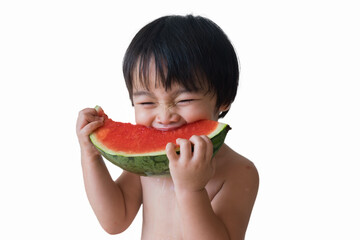 Cute little Asian boy eating watermelon on white background