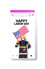 firefighter in uniform holding USA flag labor day celebration concept fireman wearing mask to prevent coronavirus pandemic smartphone screen portrait vertical vector illustration