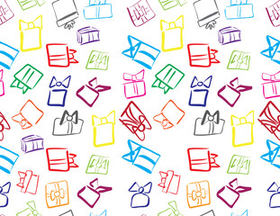 Colorful hand drawn gifts boxes seamless pattern on White background