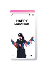 policewoman in uniform holding USA flag labor day celebration concept police officer wearing mask to prevent coronavirus pandemic smartphone screen portrait vertical vector illustration