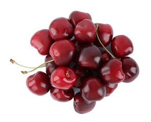 Tasty ripe red cherries isolated on white, top view