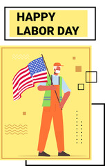 engineer in uniform holding USA flag happy labor day celebration concept worker wearing mask to prevent coronavirus pandemic full length vertical vector illustration