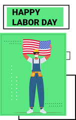 workman in uniform holding USA flag labor day celebration concept construction worker wearing mask to prevent coronavirus pandemic full length vertical vector illustration
