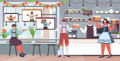 people in medical masks drinking beer in pub Oktoberfest party celebration coronavirus quarantine concept online communication horizontal full length vector illustration