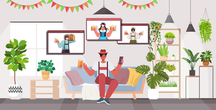man drinking beer discussing with mix race friends during video call Oktoberfest party celebration coronavirus quarantine self isolation living room interior horizontal vector illustration