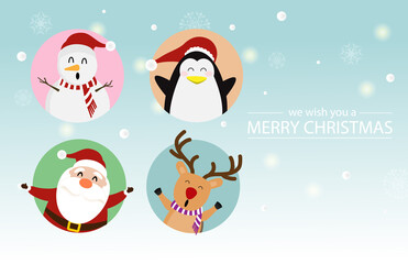 Merry Christmas and happy new year with cute Santa Claus with, reindeer, penguin, snowman in green background. Holidays cartoon character vector