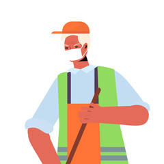 male janitor with broom sweeping and cleaning floor janitor wearing mask to prevent coronavirus pandemic self isolation concept portrait vector illustration