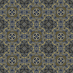 Trendy bright color geometric abstract seamless pattern blue gray gold. Use this pattern in the design of carpet, shawl, pillow, textile, ceramic tiles, pillow.