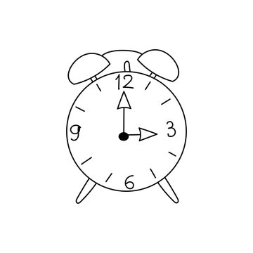 Contour drawing of the alarm clock on a white background. Doodle.