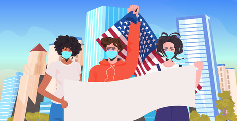 mix race people in masks holding empty banner labor day celebration coronavirus quarantine concept cityscape background portrait horizontal vector illustration