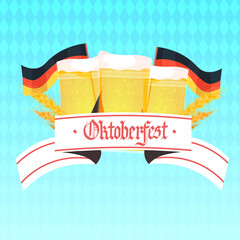 beer mugs with german flags Oktoberfest festival party celebration concept lettering greeting card horizontal vector illustration