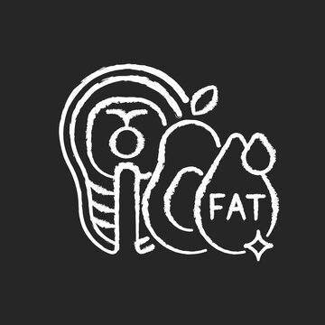 Fats Chalk White Icon On Black Background. Good Nourishment For Dietary. Food Group For Digestion. Menu For Dietary. Salmon And Avocado. Fatty Acid. Isolated Vector Chalkboard Illustration