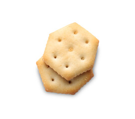 Delicious crispy crackers isolated on white, top view