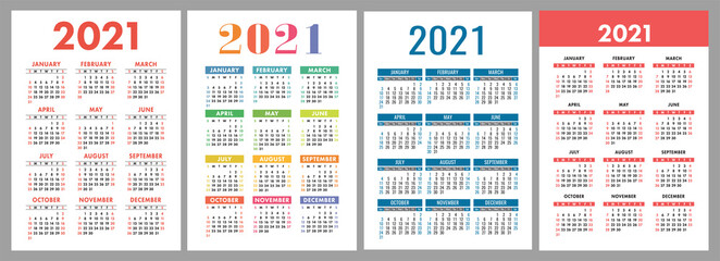 Calendar 2021 year set. Vector template collection. Simple design. Week starts on Sunday. January, February, March, April, May, June, July, August, September, October, November, December