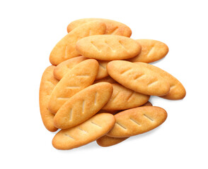 Delicious crispy crackers isolated on white, top view