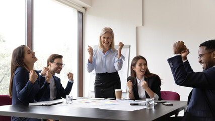 Excited multiracial colleagues celebrate business shared team success at meeting in office. Overjoyed diverse businesspeople have fun engaged in celebration at briefing. Cooperation, teamwork concept.