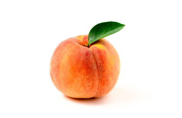 Fototapeta na wymiar Fresh sweet peach with green leaf isolated on white background.