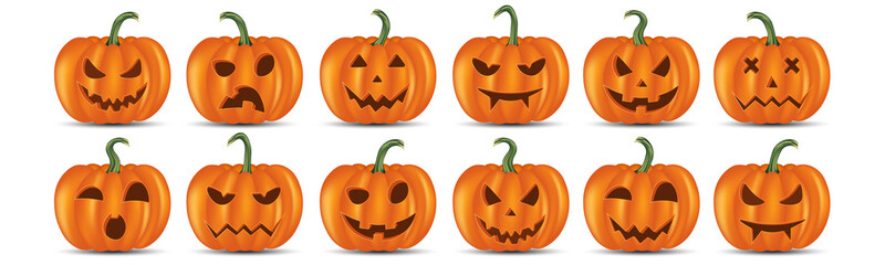 Set of funny faces of halloween pumpkins. Autumn holidays. Vector illustration.