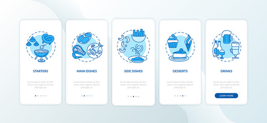 Restaurant menu onboarding mobile app page screen with concepts