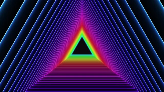 A colorful rainbow tunnel made of neon lights shaped like triangles. Loops every 5 seconds.