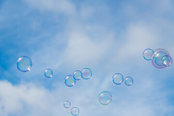 Abstract background, soap bubbles on blue sky background. Copy space for text.