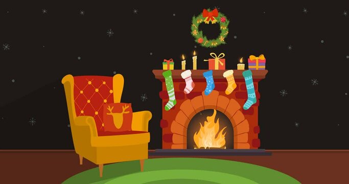 Vector animation of cozy room with an armchair and fireplace, decorated with christmas wreath, socks, new year gifts and candles, as well as burning fire