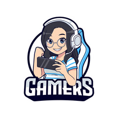 Cute glasses gamer girl cartoon holding smartphone mascot logo © tkzgraphic