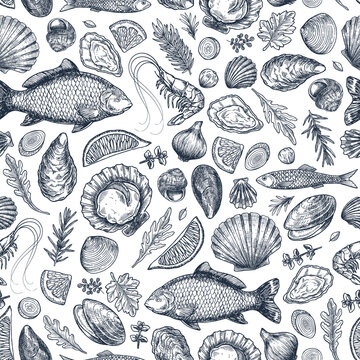 Seafood various seamless pattern. Shrimp, mussel, oyster, seashell, herbs, carp, sardine, prawn. Vector illustration