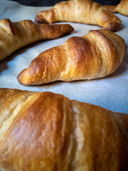 Homemade croissants on baking paper at the morning light.