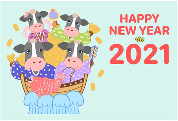 2021年　年賀状　うし家族の七福神風（ヨコ・ペパーミント）