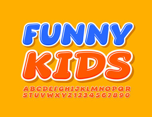 Vector happy banner Funny Kids. Creative Orange Font. Comic bright Alphabet Letters and Numbers set