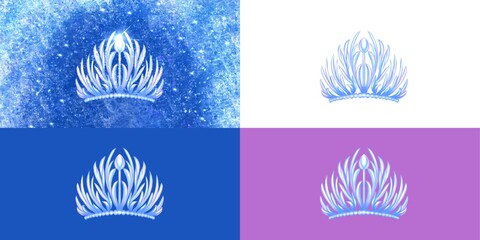 illustration set crown diadem on white background, blue background with snow and on a purple background for printing on a box for candy