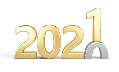 2020 year changes to Gold 2021. Happy New 2021 Year. Golden metallic numbers 2021 isolated on white. 3d rendering