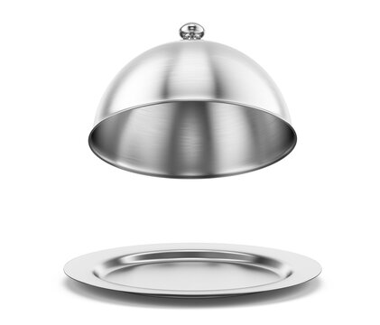 Open silver steel serving Cloche isolated on a white background. 3d rendering