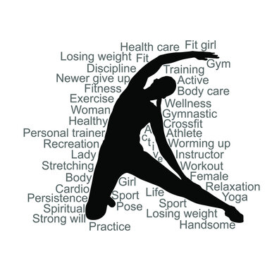 Fitness woman instructor exercise on training in gym vector silhouette. Losing weight, bodybuilder. Personal trainer workout. Fit sport lady. Handsome girl stretching worming up. Female athlete skill.