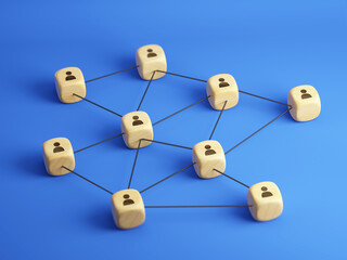Concept of team, management, social network. Connected wooden blocks cubes with people icon on blue background - 3d rendering