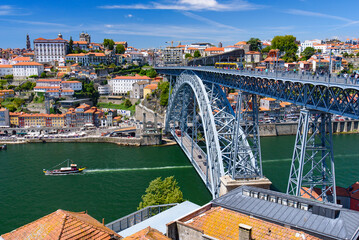 Dom Luis I Bridge, the River Douro, and the Ribeira district in Porto, Portugal - obrazy, fototapety, plakaty