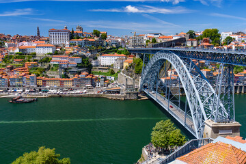 Fototapeta premium Dom Luis I Bridge, the River Douro, and the Ribeira district in Porto, Portugal