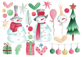 Watercolor set of Christmas elements - snowmen, gifts, stars, colorful snowballs, Christmas tree, Christmas tree branch, Christmas tree decorations. Hand-drawn on a white background.