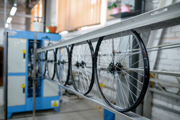 New aluminum bicycle wheels on assembly line