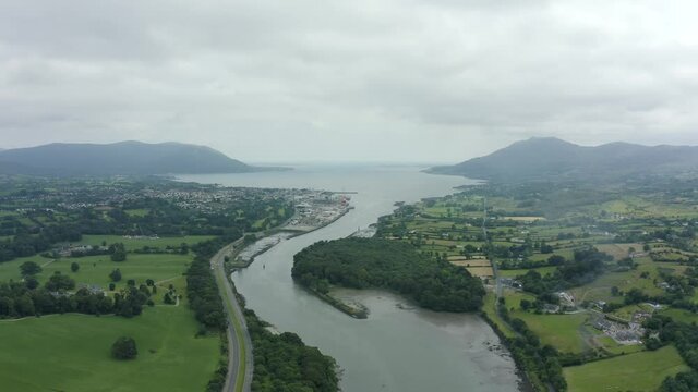 Aerial 4K footage of the Irish border with Northern Ireland, to the left is Warrenpoint(UK) to the right is Carlingford(ROI). This the location for a hard border if no deal happens.