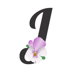 The black letter J is decorated with a light lilac garden pansy flower. Bright colors and gradients. Bud and leaves. A symbol of love and fidelity. Vector illustration, floral alphabet.