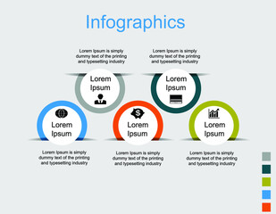 Business data visualization, infographics. Scheme of the process of elements using graphics, diagrams, circles are cut into five stages, icons, text, options, parts. Business vector for presentation.