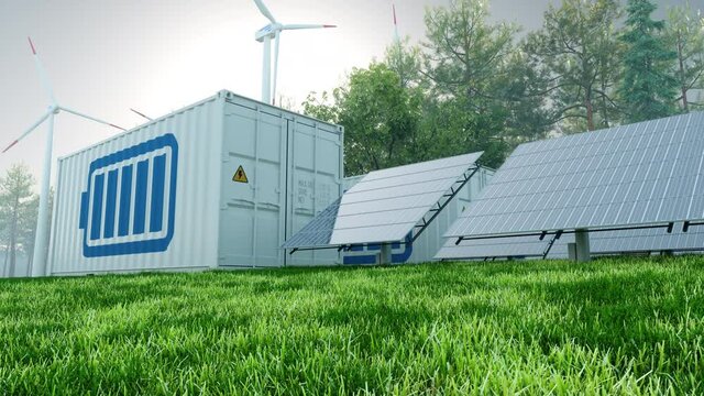Solar Panel, wind turbines and Li-ion Battery Container With Blue Sky Background. Energy Storage System.