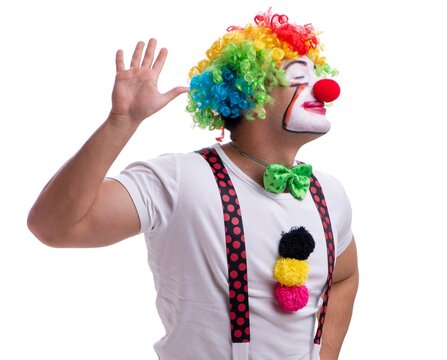 Funny clown acting silly isolated on white background