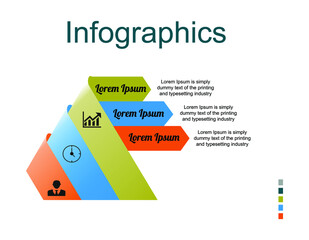 Business data visualization, infographics. The scheme of the process of elements using graphics, diagrams, triangles are curved in three stages, numbers, options, icons, parts. Business vector for pre