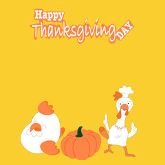 Fototapeta premium Vector illustration design concept for Happy Thanksgiving Day with Text and a Turkey standing near pumpkin silhouette with yellow background. Thanksgiving greeting card, poster or flyer for holiday.