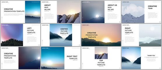 Presentation design vector templates, multipurpose template for presentation slide, brochure cover, report. Fog, sunrise in morning and sunset in evening. Nature landscape backgrounds with mountains.